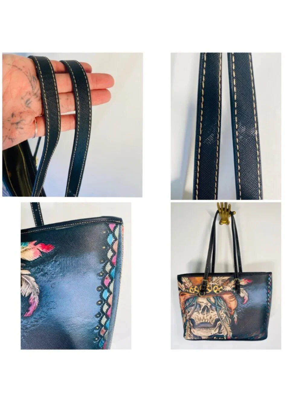 Skull Graphic Faux Leather Tote Bag With Adjustable Straps & Inner Pockets